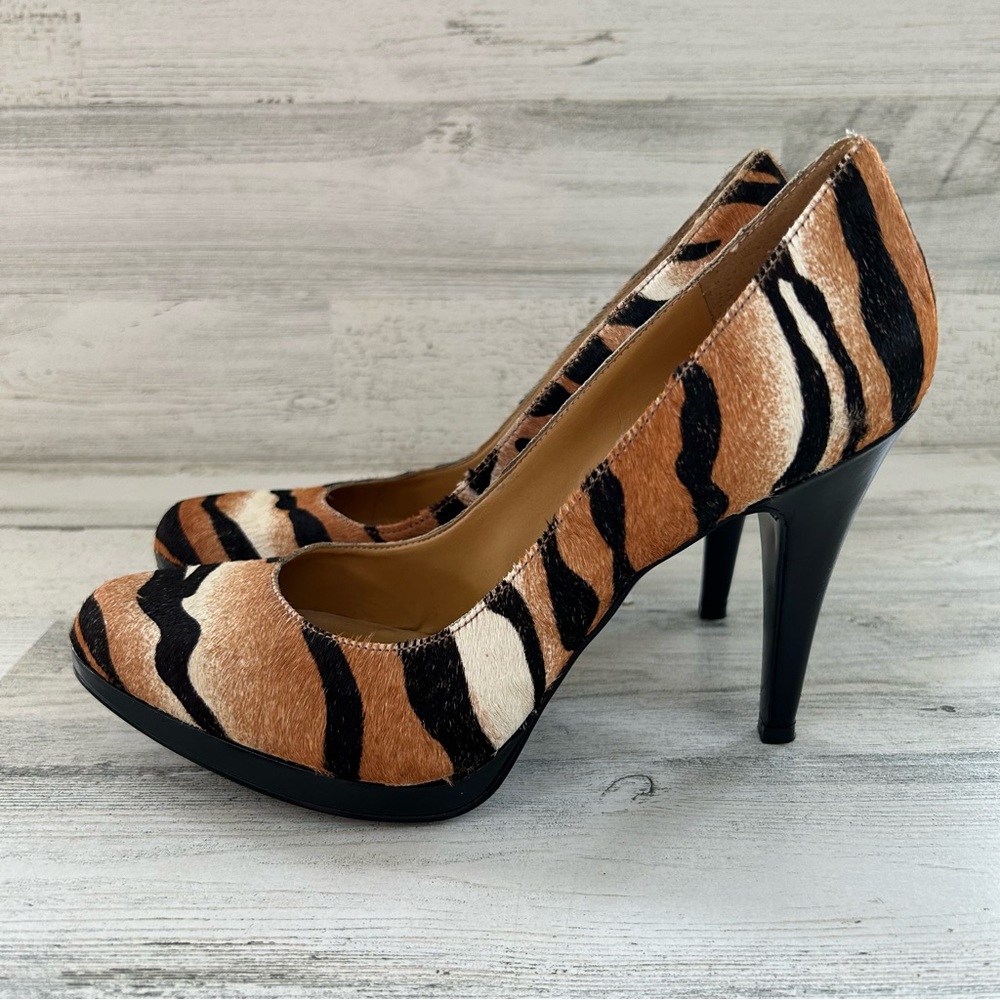 NINE WEST Rocha Tiger Stripe Cowhide Leather Platform NEW Heels 9